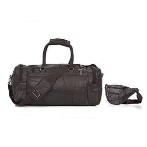 Brown Genuine Patch Leather Duffle Bag with Shoulder Strap and Fanny Pack Set